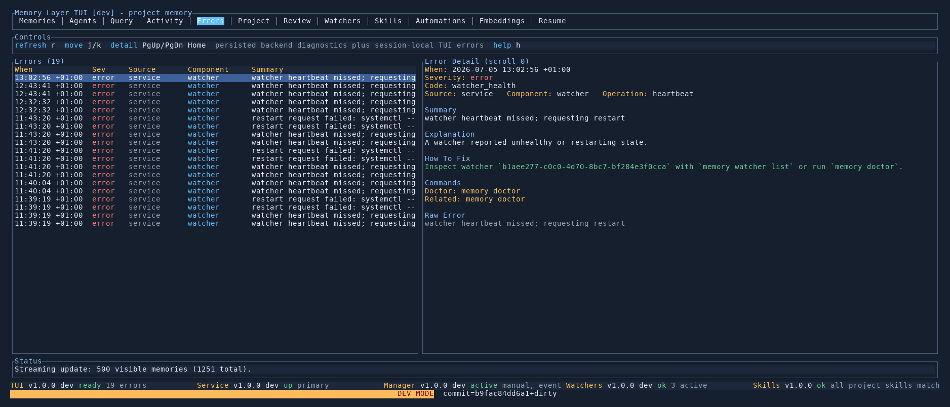 Memory Layer errors tab
